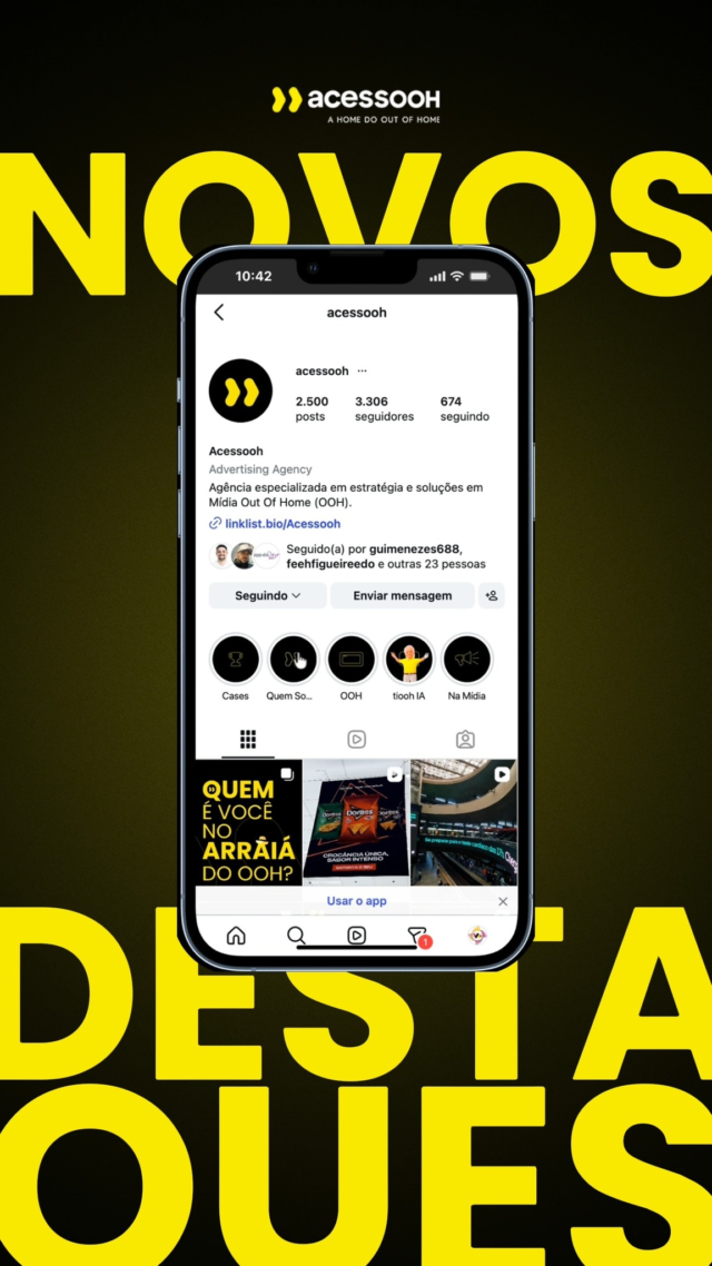 Já conferiu nossos destaques aqui no perfil? Bastam alguns cliques para conhecer nossos cases de sucesso, um pouco mais da nossa equipe e até nosso agente de IA: o TIOOH.
Veja e entenda por que a Acessooh é #AHomeDoOutOfHome!
 
#Acessooh #OOHDeVerdade