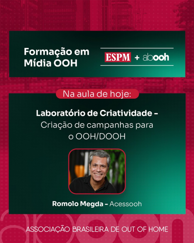 Como transformar informação em campanhas conectadas ao contexto e capazes de gerar melhores resultados? Essa foi a questão norteadora do Laboratório de Criatividade - Criação de campanhas para o OOH/DOOH, realizado pelo nosso head de Criação, @RomoloMegda, que foi professor convidado na aula 6 da Formação em Mídia OOH.
 
Iniciativa da ESPM em parceria com a @ABOOH, o curso contou com uma abordagem prática sobre como entender fluxo, audiência, comportamento e contexto permite definir onde, para quem e quando comunicar. Fica, aqui, um breve registro e nossos agradecimentos pela oportunidade de contribuir com a formação de profissionais que impulsionam o mercado out of home no país!
 
#Acessooh #OOHDeVerdade #AHomeDoOutOfHome #AHomeDoRetailMedia